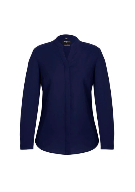 A navy long sleeve blouse featuring a button-up design and a collar, with a branding logo included.