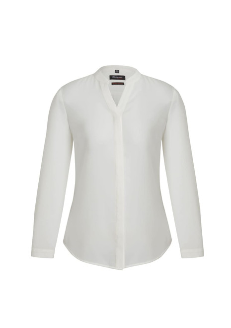 A white long sleeve blouse with a button-up front and a collarless design, featuring a logo.