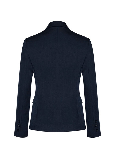 A dark navy mid-length women's blazer with a two-button closure and long sleeves, featuring a logo.