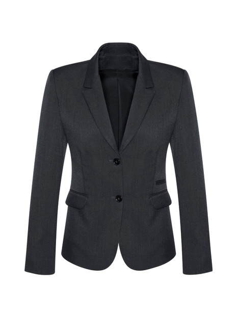A women's mid-length jacket in dark grey, featuring a two-button design and tailored pockets.
