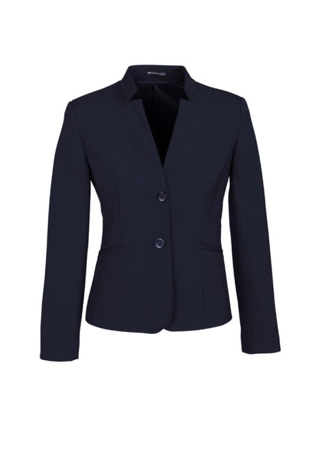 A women's navy wool stretch short jacket featuring a reverse lapel and two buttons, with a logo on the interior.