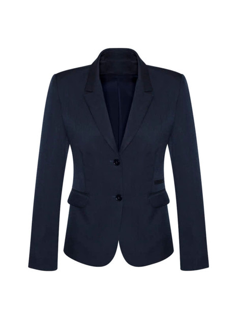 A women's mid-length jacket in dark navy, featuring a two-button closure and fitted design. It has a sleek blazer style.