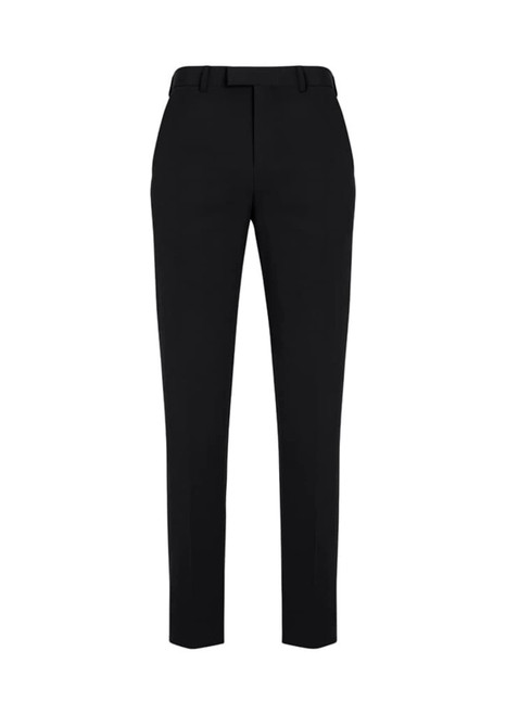 A pair of black slim fit flat front pants with a sleek design and a branding logo on the waistband.