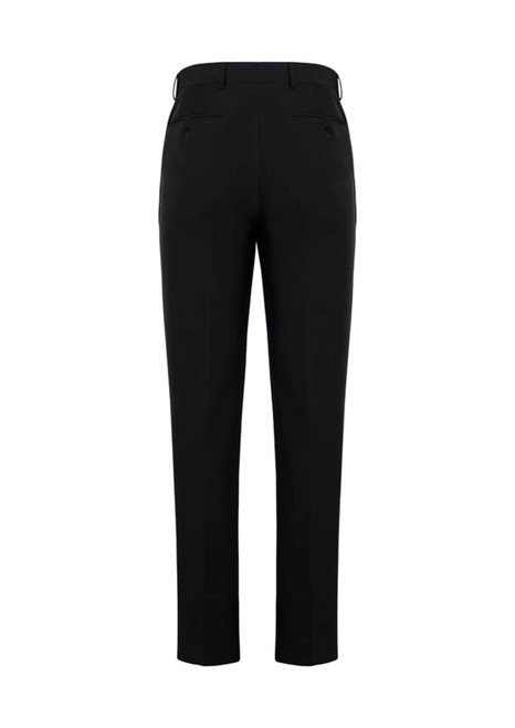 A pair of black slim fit flat front pants with a tailored design, featuring rear pockets.