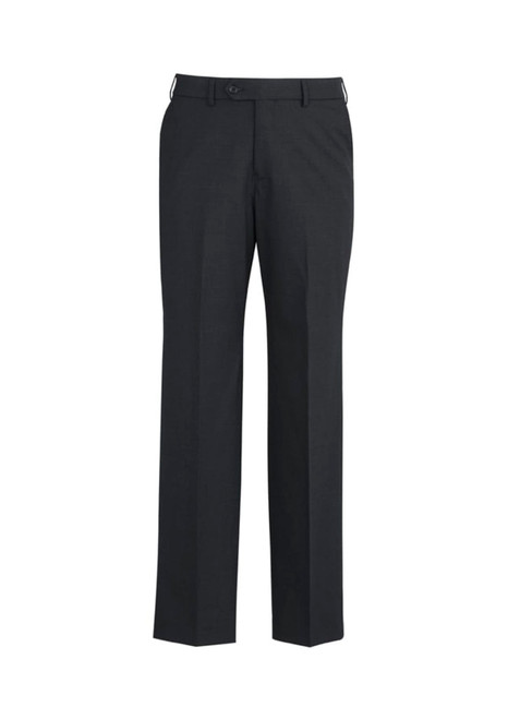 A pair of dark grey wool stretch adjustable waist pants with a straight-leg fit and a waistband.
