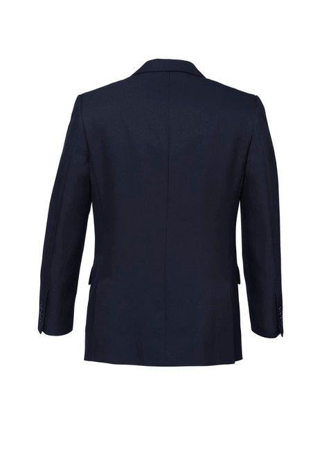 A navy blue men's blazer featuring a classic two-button design and a tailored fit. Includes a logo.