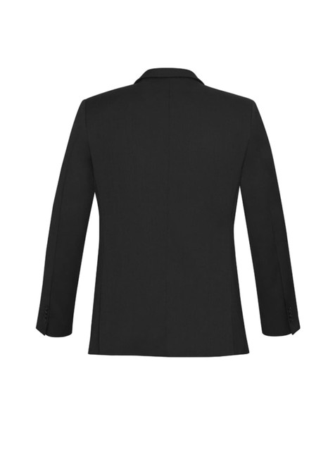 A black men's slimline jacket with long sleeves and a single rear vent, featuring a tailored fit.
