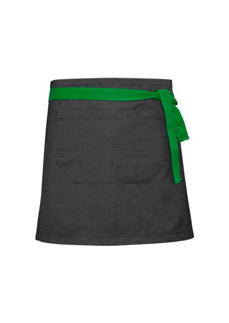 A black waist apron with a vibrant green tie, featuring a pocket on the front. It has a logo on the fabric.