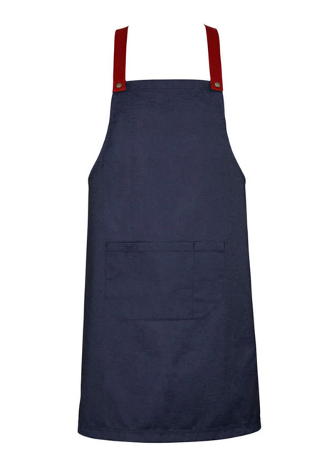 A navy blue apron with red straps and a front pocket, featuring a small logo on the side.
