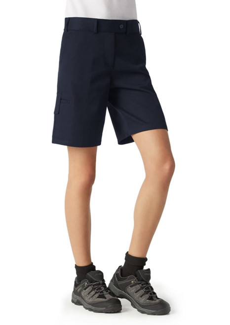 A pair of navy blue dress shorts for women, featuring a side pocket and a classic fit.