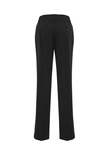 Black slacks with a tailored fit, featuring a waistband and back pocket detailing. Includes branding on the garment.