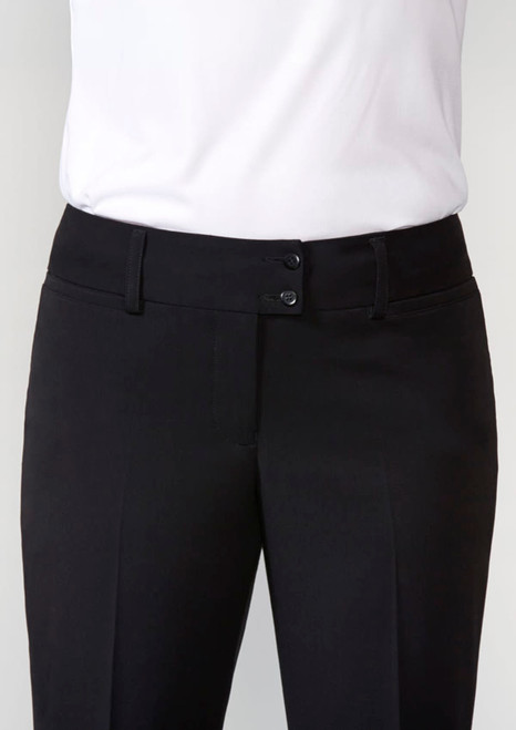 A pair of black slacks with a tailored fit and two buttons at the waist. Features a subtle branding logo.