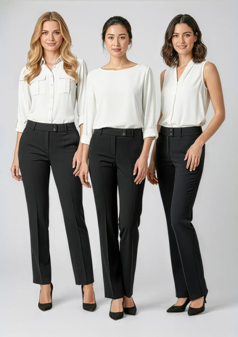 Three women wear black slacks, each paired with different white tops. The pants feature a tailored design and branding.