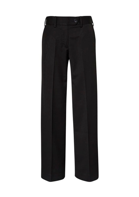 Black women's slacks with a straight leg design and a waistband featuring a button, accompanied by a logo.