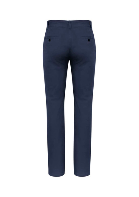 A pair of men's navy chino pants, featuring a slim fit and back pockets, with a brand logo present.
