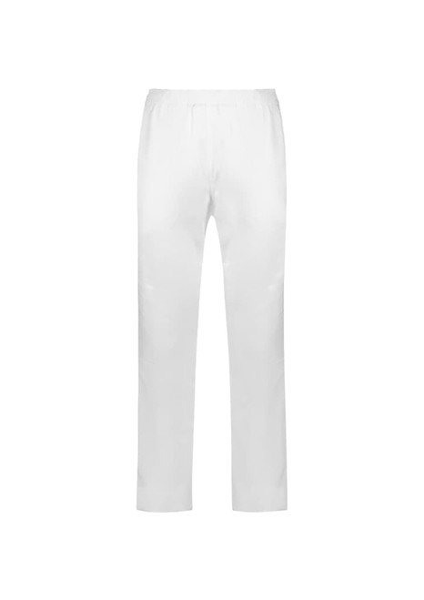A pair of white track pants featuring an elasticised waistband and a logo.