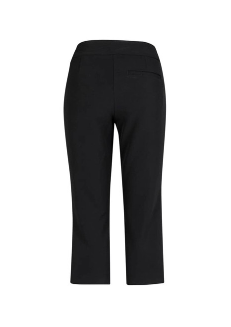 A pair of black 3/4 length stretch pants, featuring a simple design and a back pocket.
