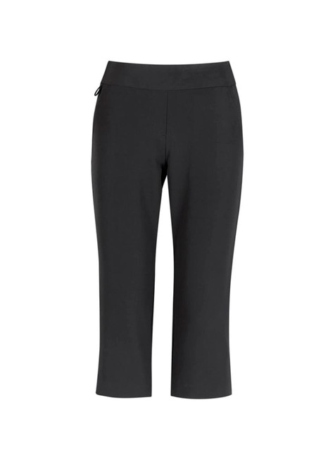 A pair of black 3/4 length stretch pants with a waistband and side pocket, featuring a logo on the waistband.