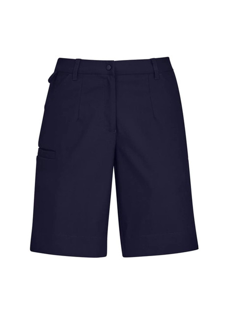 Navy women's cargo shorts featuring a comfort waist and side pockets, designed for casual wear.