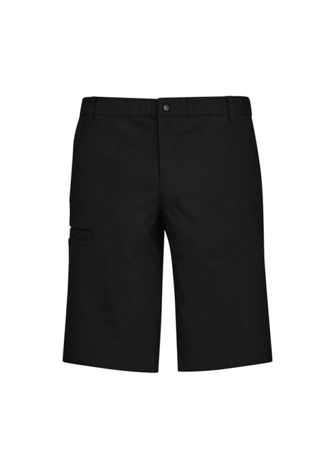 A pair of black men's comfort waist cargo shorts featuring side pockets and a logo.