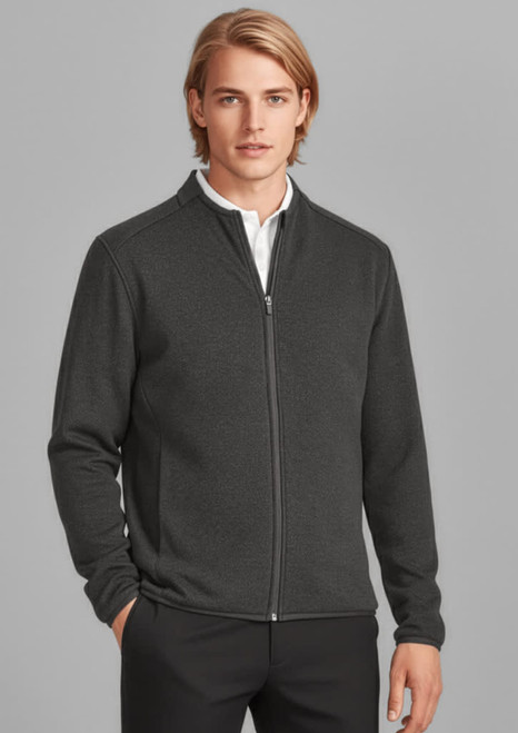A grey zip-front jumper for men, featuring a high collar and a logo on the chest. Suitable for casual or smart-casual wear.