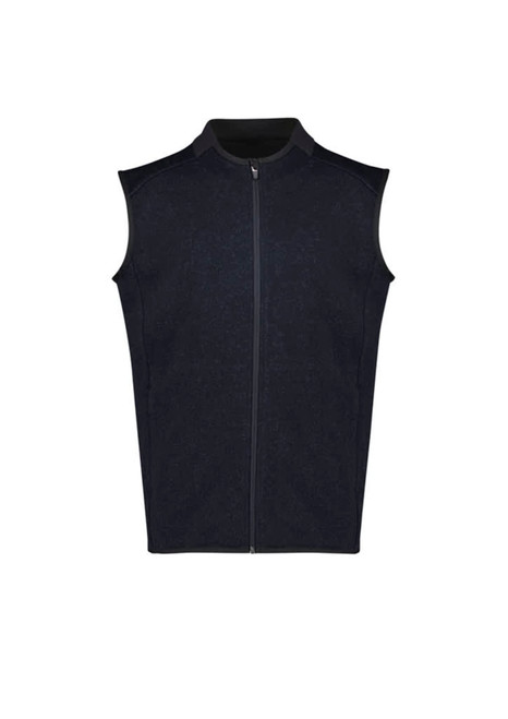 A sleeveless black vest with a zip front and a high collar. It features a subtle texture and has a logo.