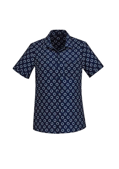 A short sleeve, button-up shirt featuring a navy background with a white daisy print pattern.