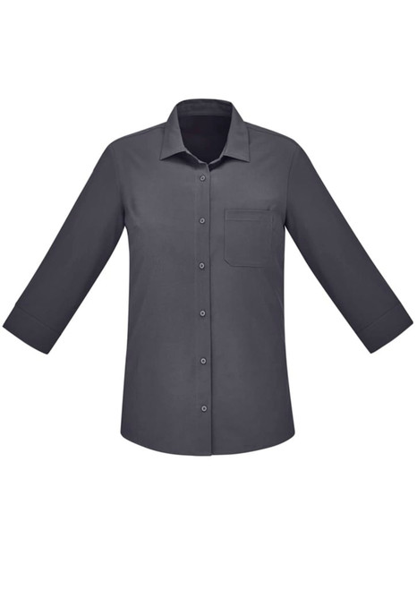 A women's button-up shirt in dark grey with 3/4 sleeves and a single chest pocket. It features a logo.
