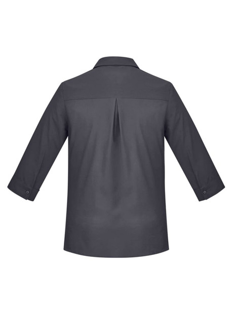 A women's charcoal grey button-up shirt with 3/4 sleeves and a back pleat, featuring a collar.