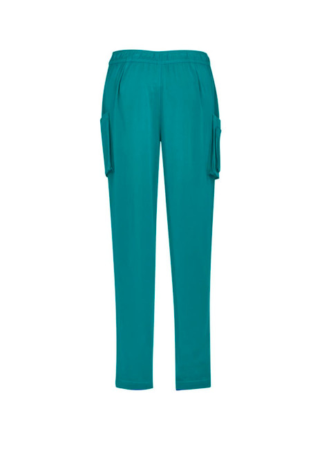 Teal women's slim leg scrub pants with side pockets and an elastic waistband. Features a logo on the waistband.