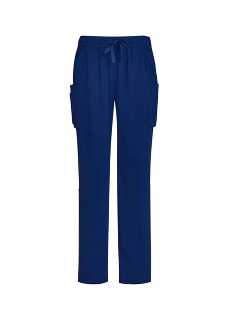 Navy straight leg scrub pants with a drawstring waist and side pockets. Features a logo on the fabric.