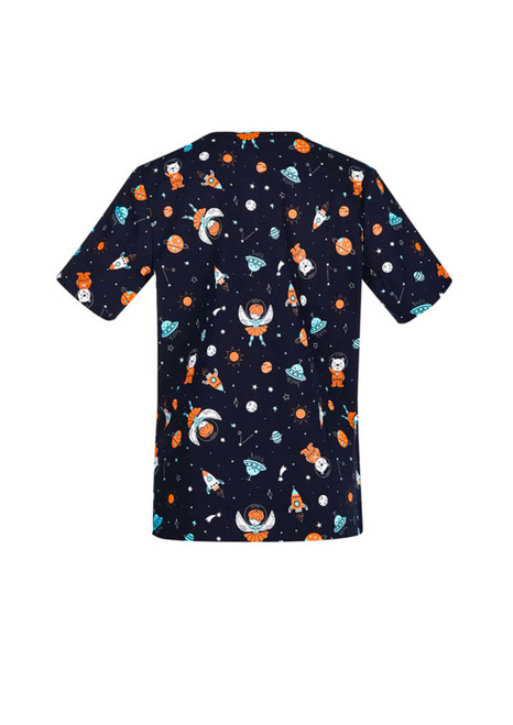 A women's short-sleeve scrub top featuring a navy background with colourful space-themed prints, including astronauts and planets.