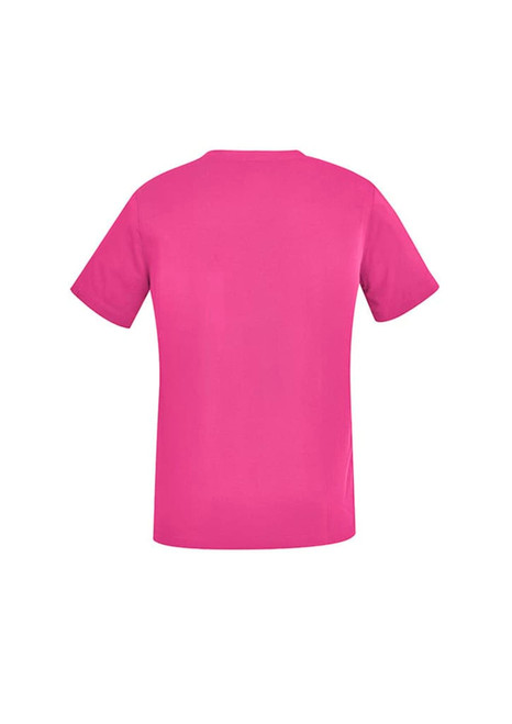A unisex pink V-neck scrub top with short sleeves and a plain design. The back view is displayed.