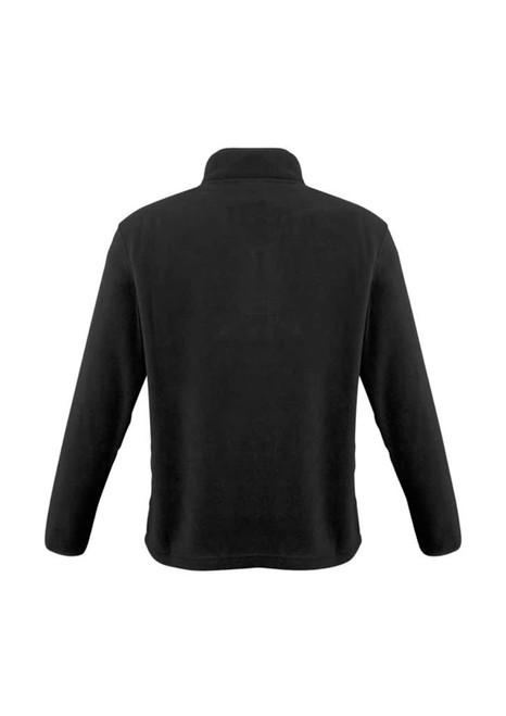 A black polar fleece jacket featuring a collar and long sleeves, with a simple design and branding on the back.