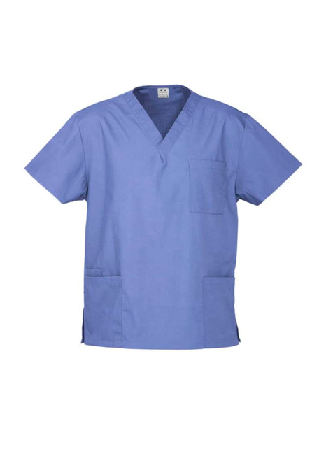 A classic unisex scrub top in a light blue colour with short sleeves and a pocket. It features a logo on the label.