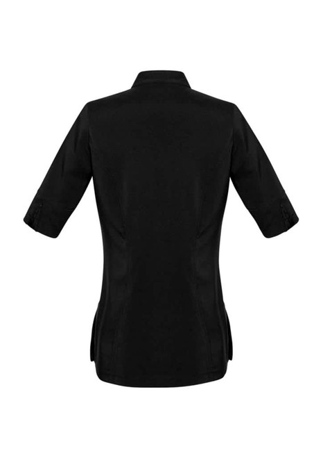 A black women's tunic featuring short sleeves and a tailored back design. It includes a logo on the fabric.