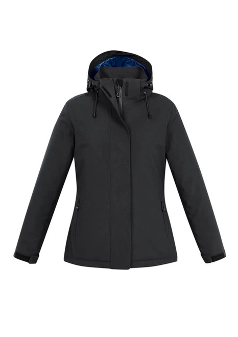 A grey women's rain jacket featuring a hood, zippered pockets, and a contrasting inner lining.