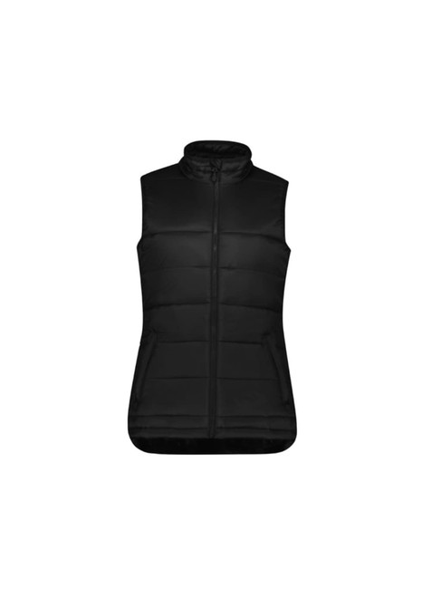 A black women's alpine vest with a high collar and zippered front, featuring two side pockets and a fitted design.