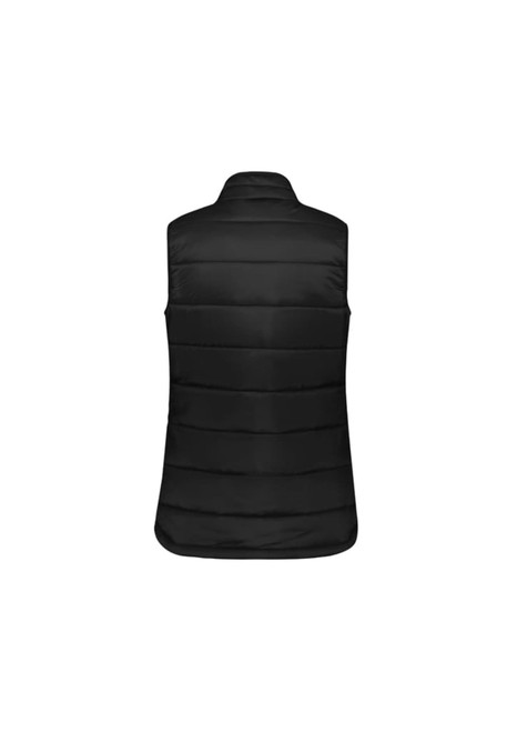 A black women's alpine vest featuring a padded design and a high collar. The back view showcases the vest's stitching.