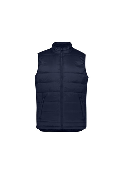 A navy blue men's alpine vest featuring a zip closure and two front pockets. It has a logo on it.
