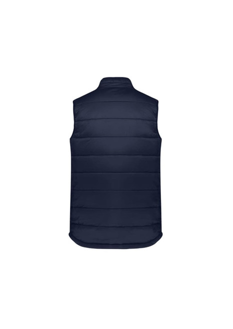 A navy men's alpine vest with a padded design, featuring a collar and no visible fastenings on the back.