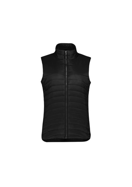 A black women's expedition vest with a zip front and padded design. It has a high collar and no sleeves.