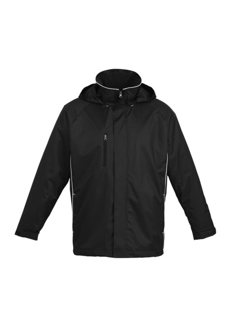 A black unisex jacket with a hood, featuring a zippered front and side detailing, accompanied by a logo.