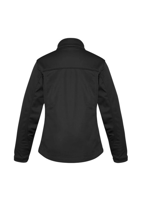 A women's softshell jacket in black, featuring a simple design and a branded logo on the back.
