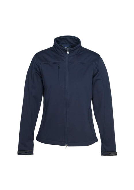 A navy women's softshell jacket featuring a zip closure and a chest pocket. It has a logo on the sleeve.