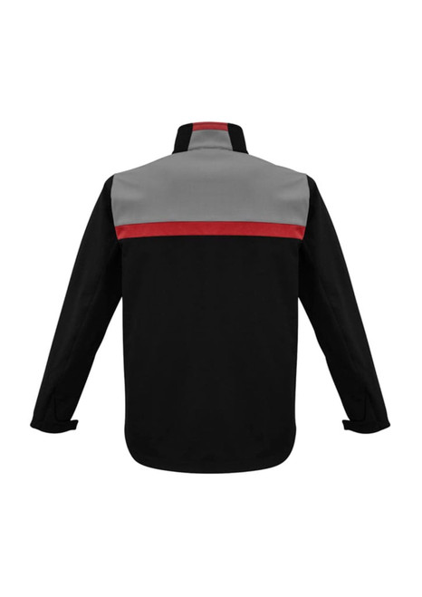 A unisex soft shell jacket featuring grey and red accents on a black background, with a collar and long sleeves.