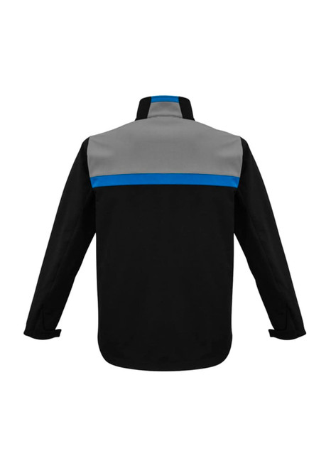 A unisex soft shell jacket in black, with grey and blue accents, featuring a logo on the back.