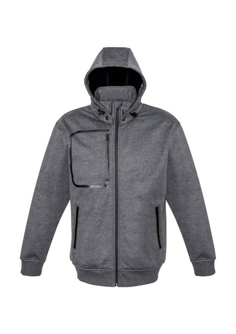 A grey men's jacket with a hood, featuring a zippered chest pocket and side pockets. It has a subtle logo.