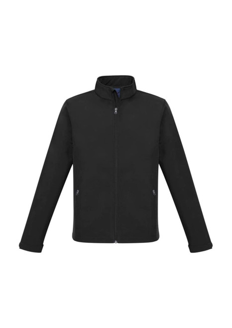 A black soft shell jacket with a zippered front, featuring a collar and long sleeves, with pockets.