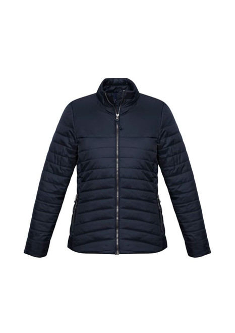A women's puffer jacket in navy blue with a zip front and side pockets, featuring a logo on the design.